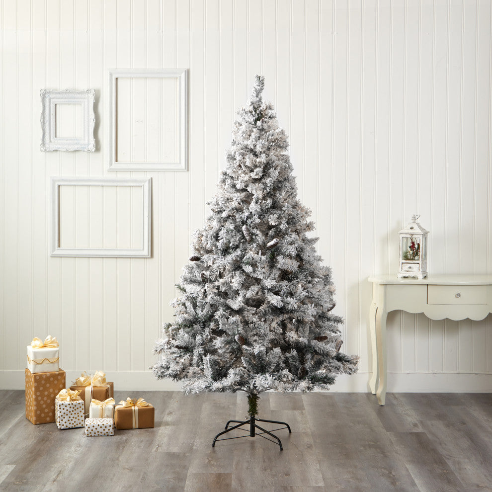 7' Flocked White River Mountain Pine Artificial Christmas Tree With Pinecones