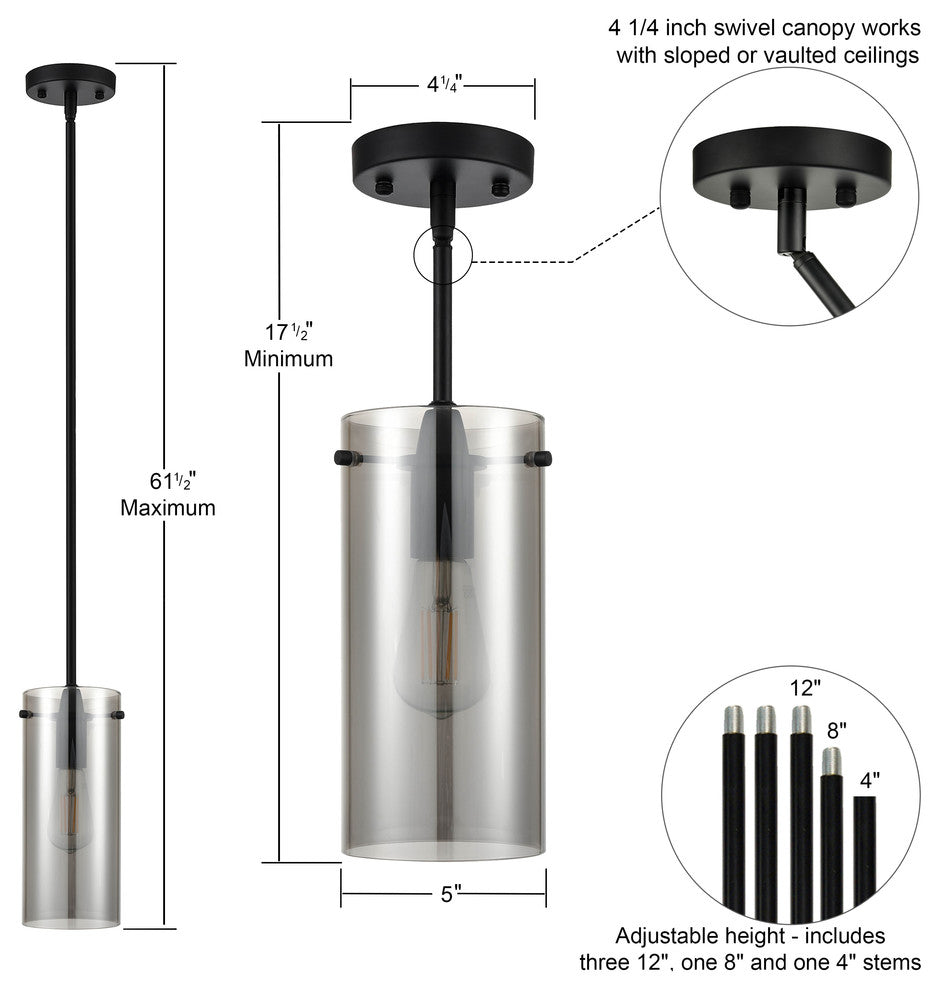 Effimero 1-Light Stem Hung Pendant Lamp, Black With Smoke Glass