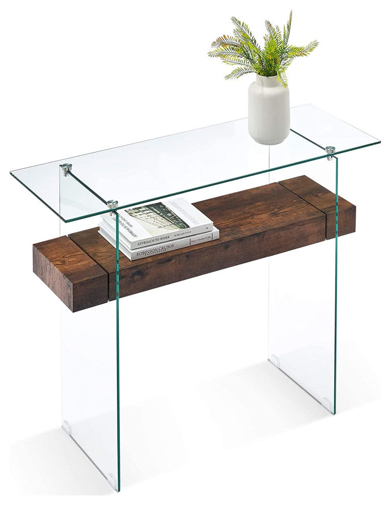 Modern Narrow Glass Console Table with Storage