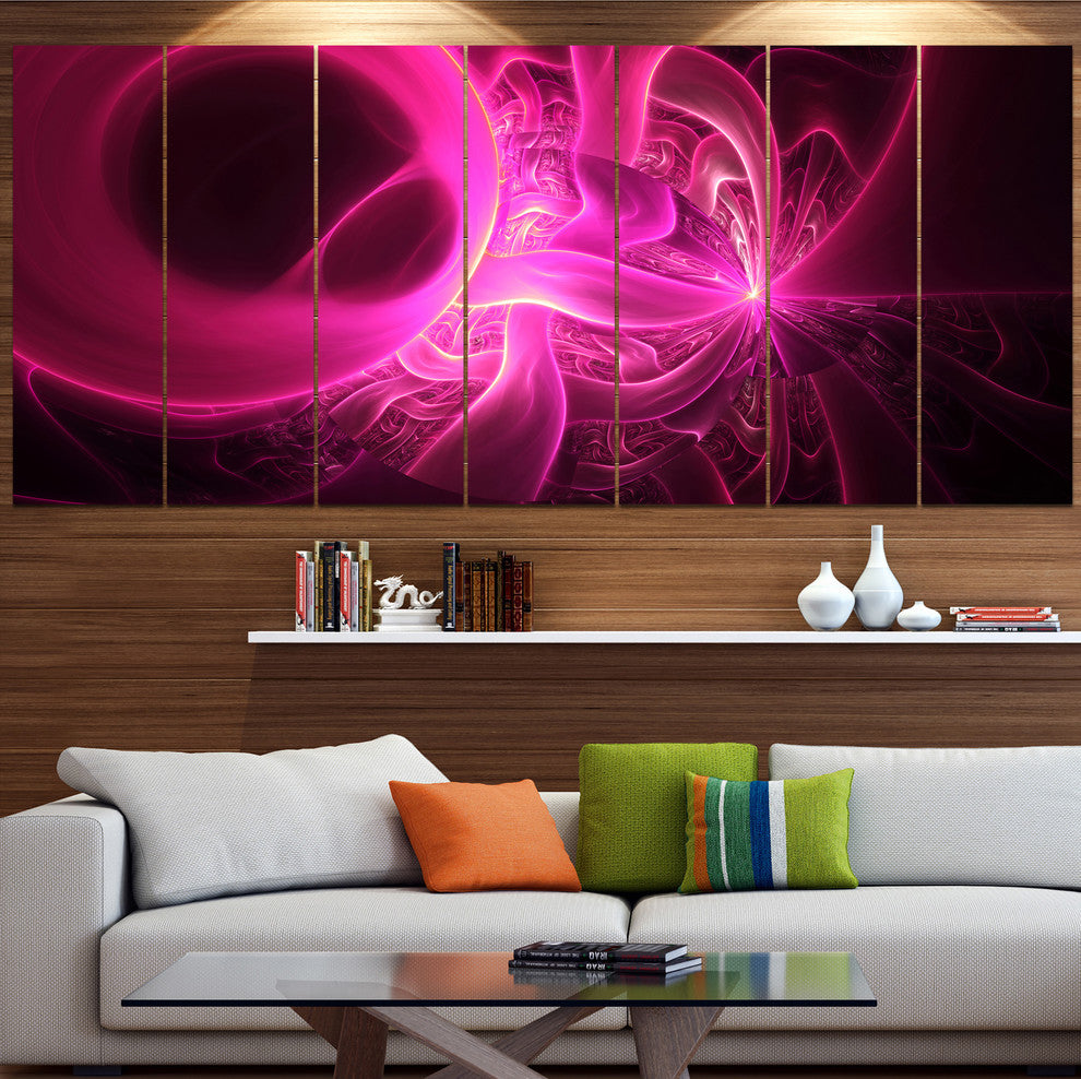 Bright Pink Designs on Black, Abstract Wall Art Canvas, 83"x32", 7 Panels