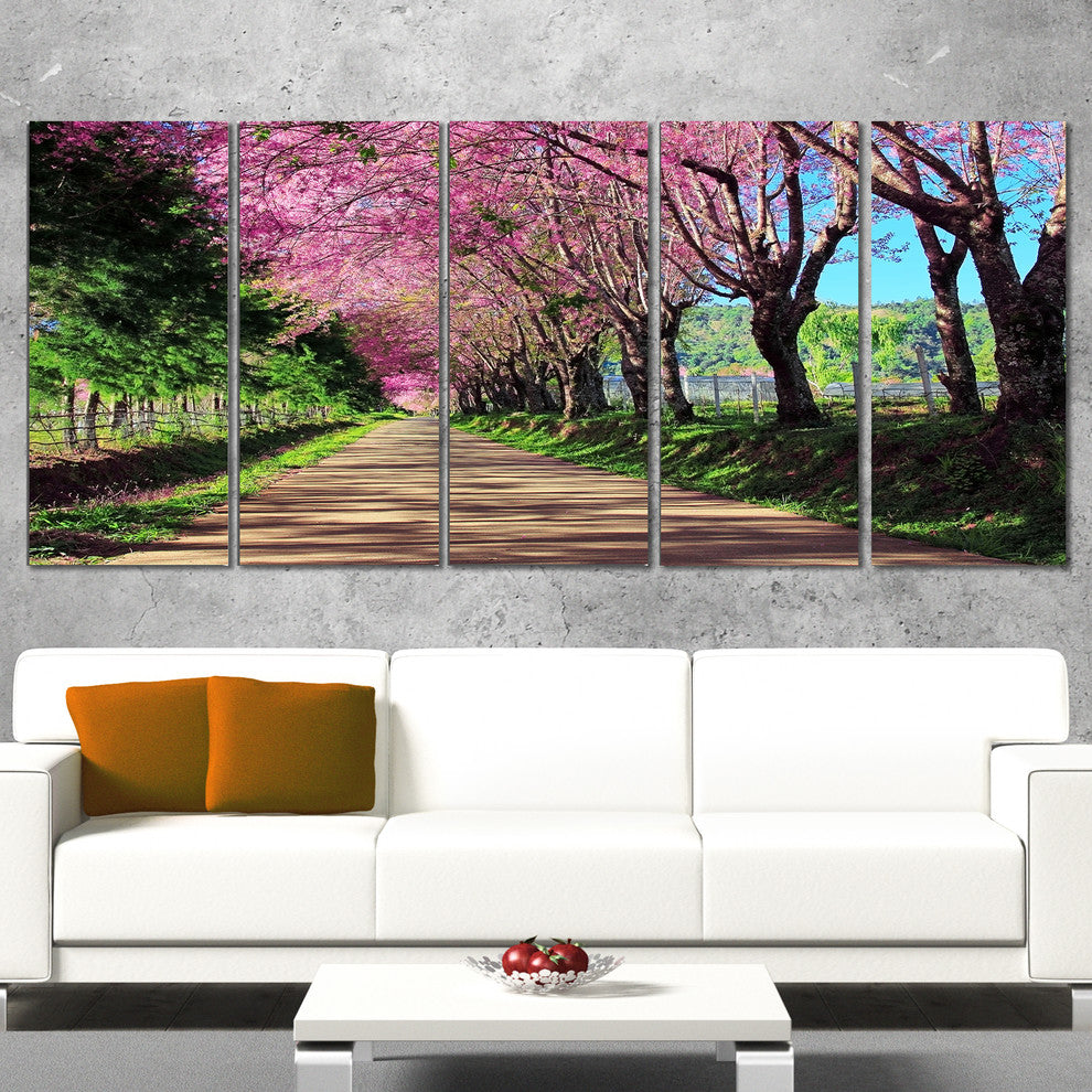 "Cherry Blossom Pathway in Chiang Mai" Landscape Wall Art, 5 Panels, 60"x28"