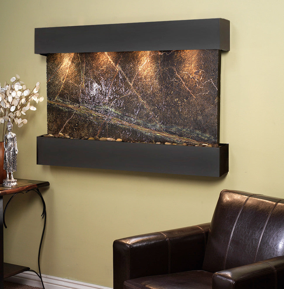 Sunrise Springs water fountain, Green Marble, Blackened Copper, Square