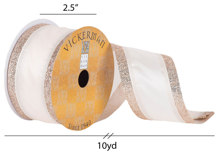 Vickerman Q180473 Yard Ivory With Glitter Edge Christmas Ribbon