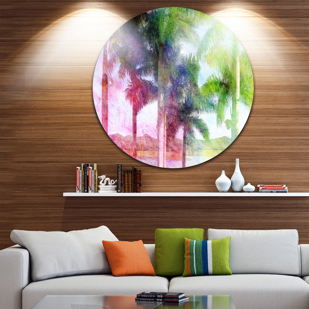 Green Retro Palm Trees, Landscape Painting Round Wall Art, 23"