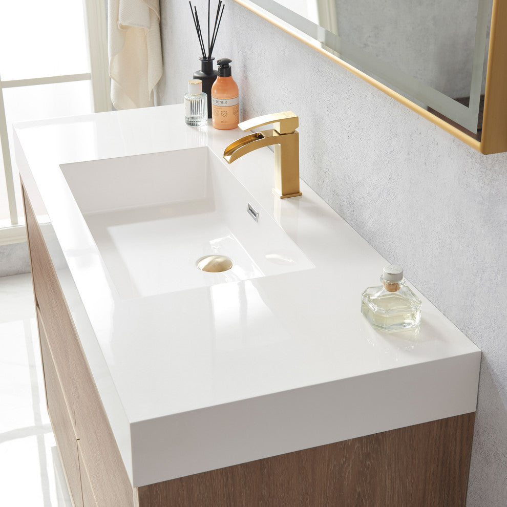 Huesca Bath Vanity, Integrated Sink Top, North American Oak, 48", With Mirror