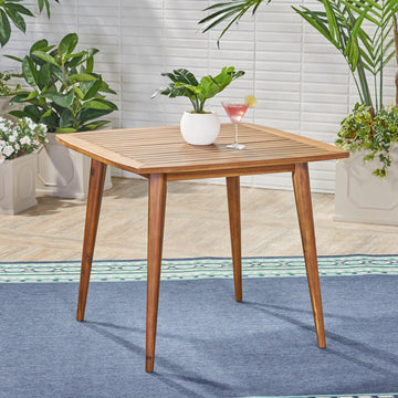 Stanford Outdoor Square Acacia Wood Dining Table With Straight Legs, Teak Finish