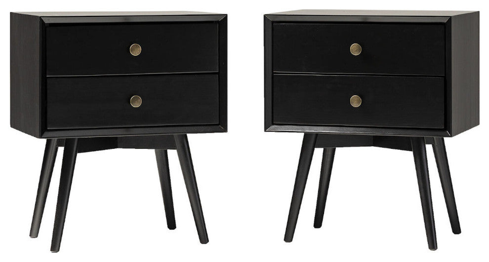 Mid Century Modern 2-Piece 2 Drawer Solid Wood Nightstand Set - Black