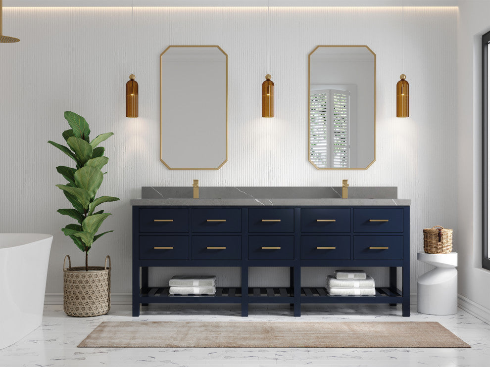 Parker 84 Double Sink Bath Vanity in Navy Blue  2" Piatra Gray