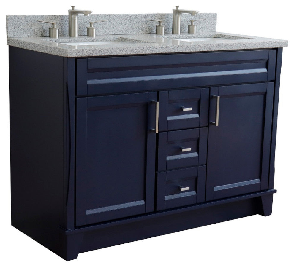 48" Double Sink Vanity, Blue Finish With Gray Granite And Rectangle Sink