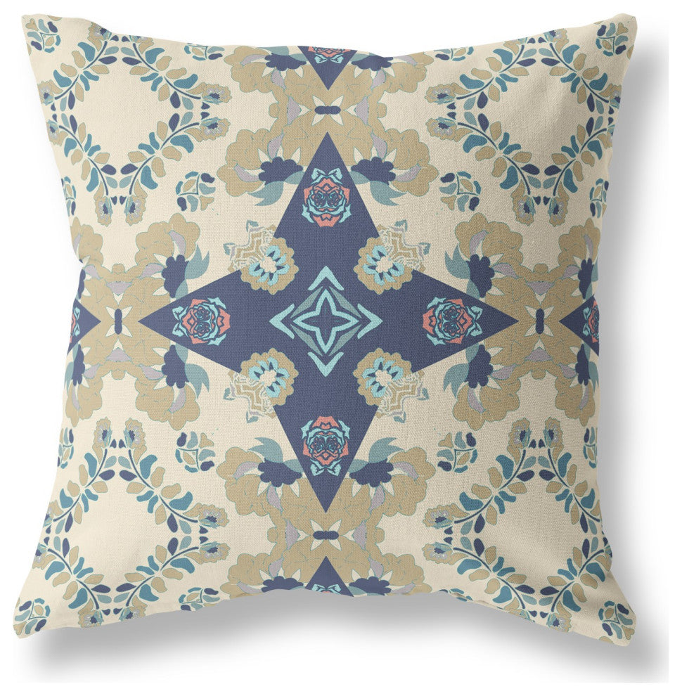 20" Sand Navy Diamond Star Indoor Outdoor Zippered Throw Pillow