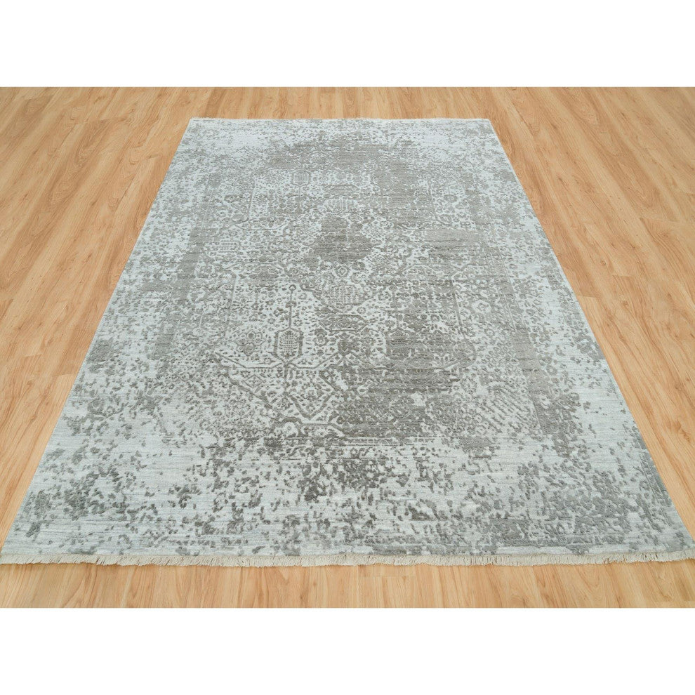 Chrome Gray Zoroastrian Hand Knotted Wool and Silk Oriental Rug, 8'x10'2"