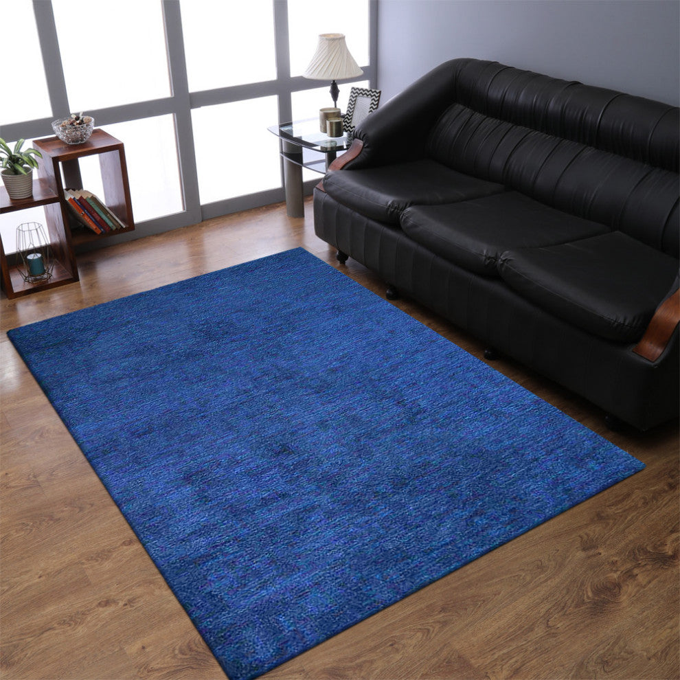HAND KNOTTED LOOM SILK ECO-FRIENDLY AREA RUGS-Dark Blue Color,Solid Design, [Rectangle] 6'x9'