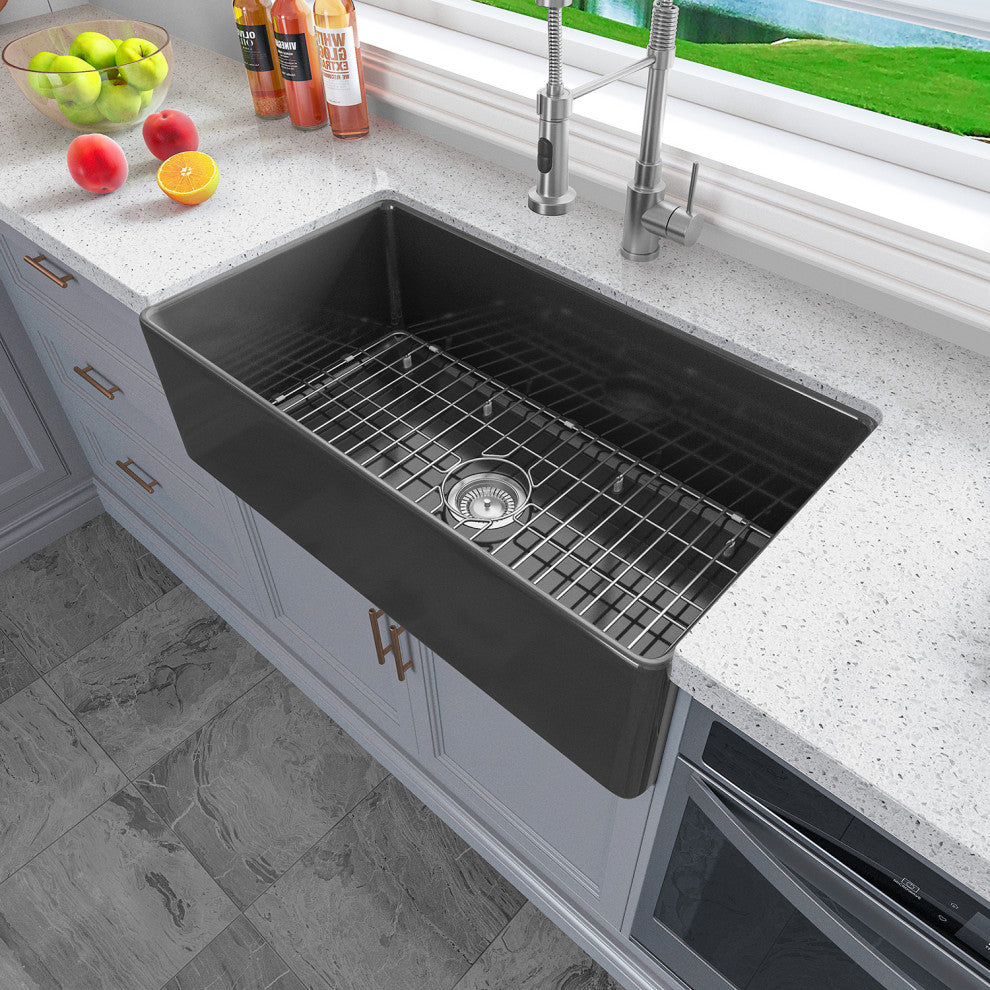 Sinber Farmhouse Apron Single Bowl Kitchen Sink with Fireclay 2 Accessories, Black, 33" X 18"