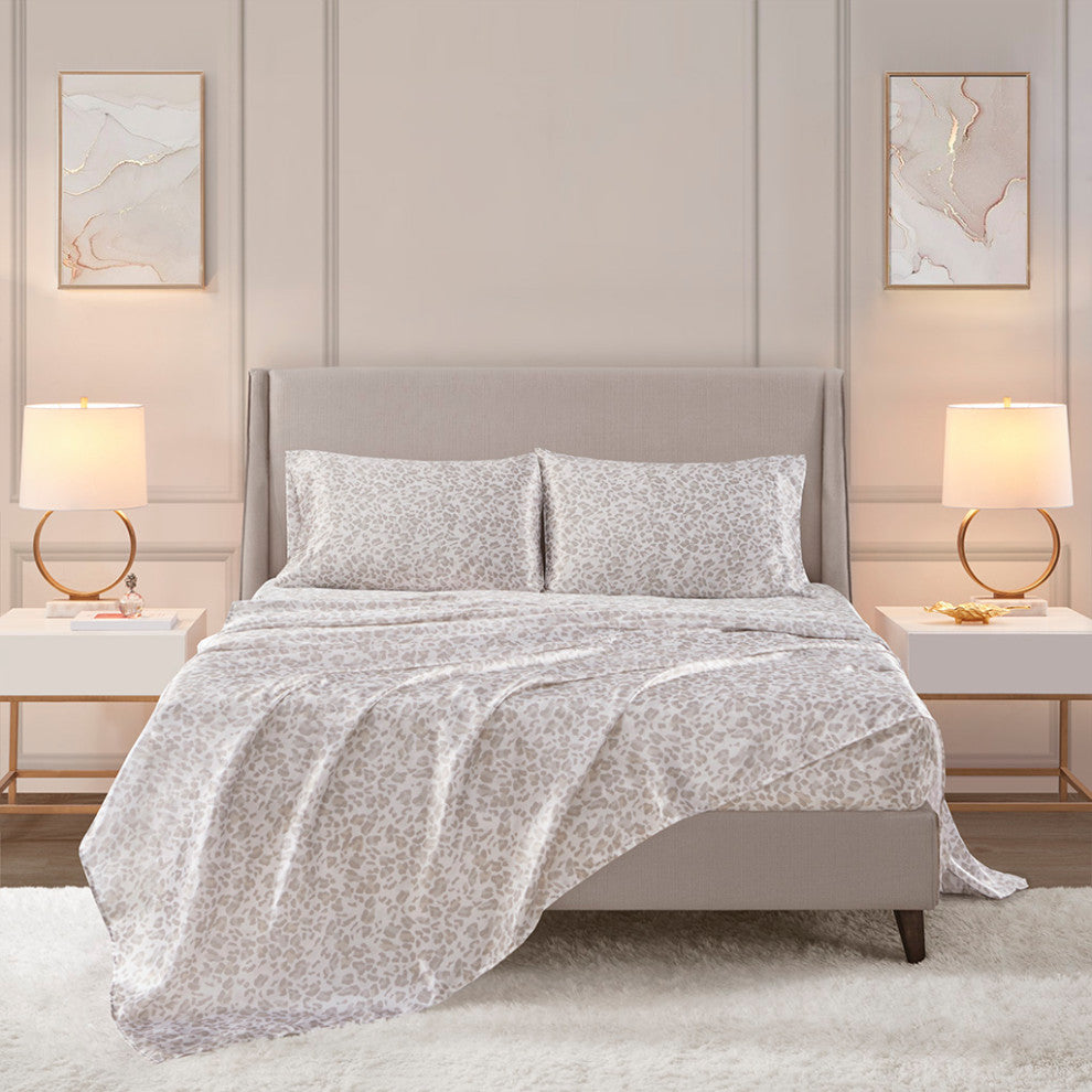 Madison Park Essentials Printed Satin Sheet Set, King Taupe Leopard