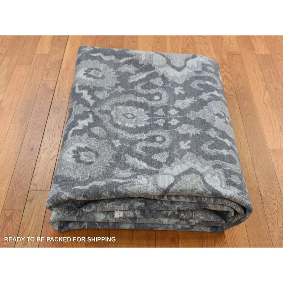Medium Gray, Hand Knotted, Oushak Influence, Silk With Wool, Rug, 9'x11'10"
