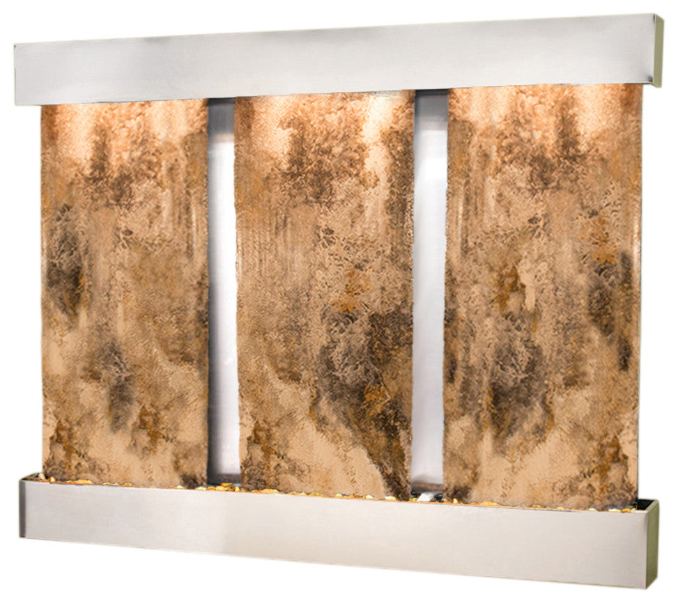 Deep Creek Falls Fountain, Magnifico Travertine, Stainless Steel, Square