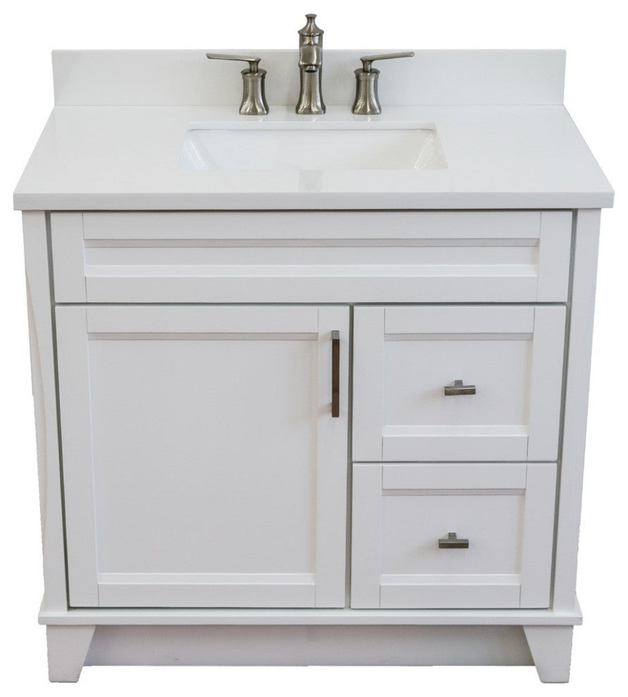 37" Single Sink Vanity, White Finish With White Engineered Stone Top