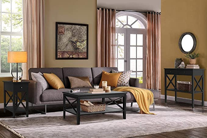 Black Wood Coffee Table with Thicker Legs and Storage for Living Room