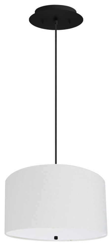 16" W 2 Light Pendant White Linen Drum Shade with Diffuser, Black Cord