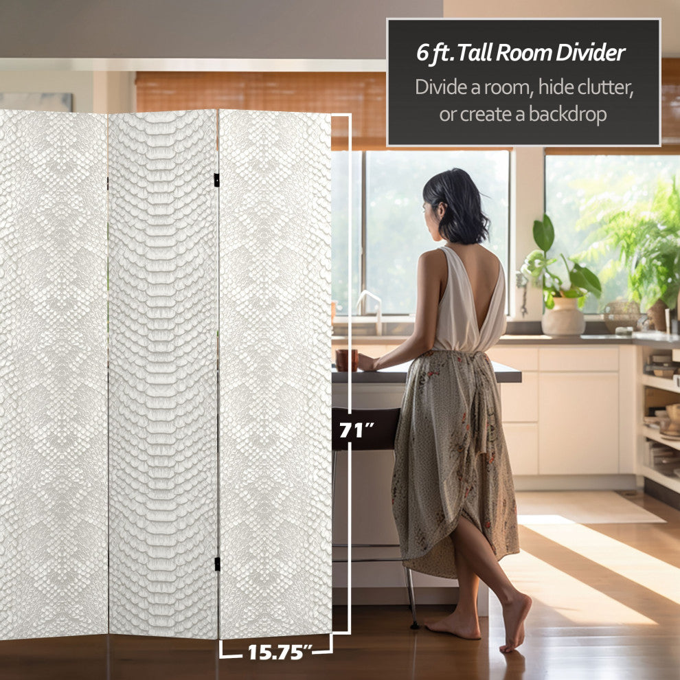6' Tall Double Sided White Snake Print Canvas Room Divider