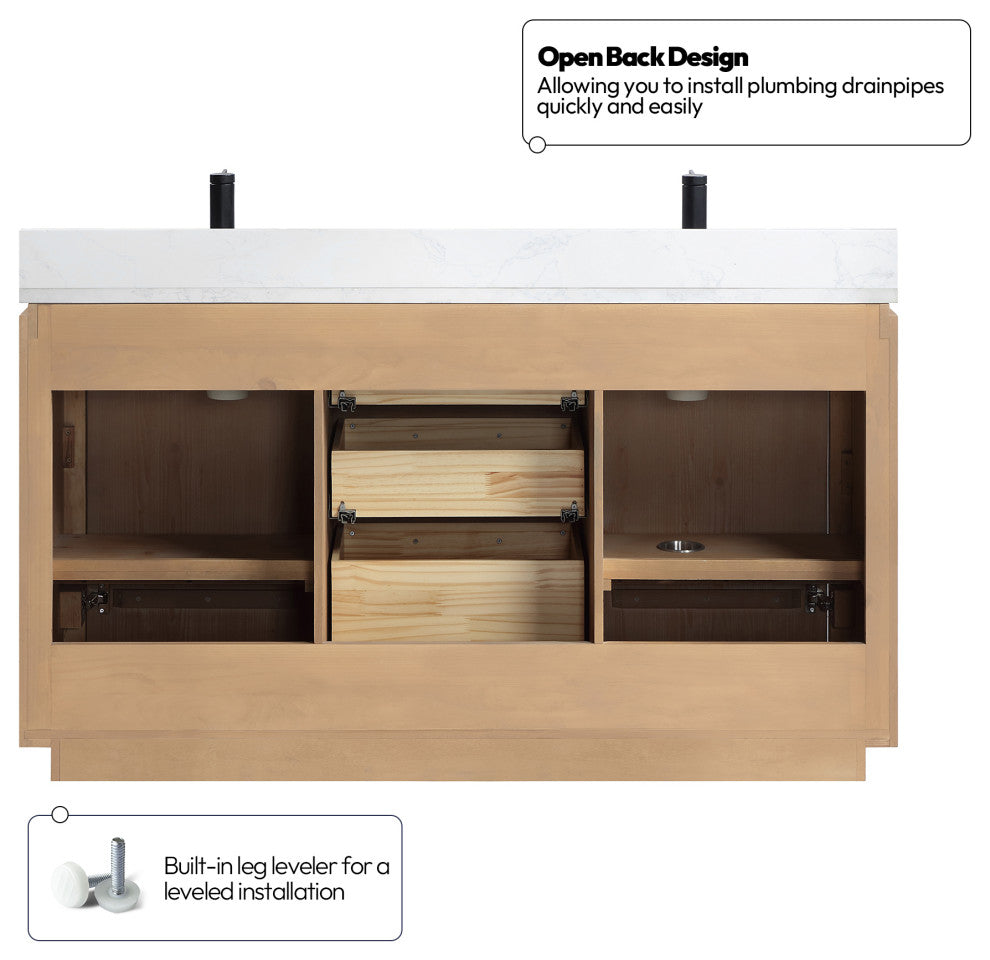 San Bath Vanity with Stone Top, Fir Wood Brown, 60" Double Sink, Double Vanity, No Mirror