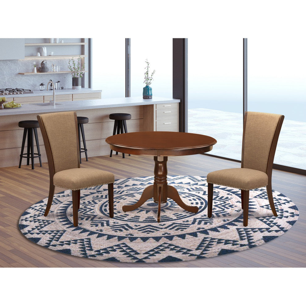 A Dining Set Of Two Chairs, 42"Antique Table In Mahogany Finish