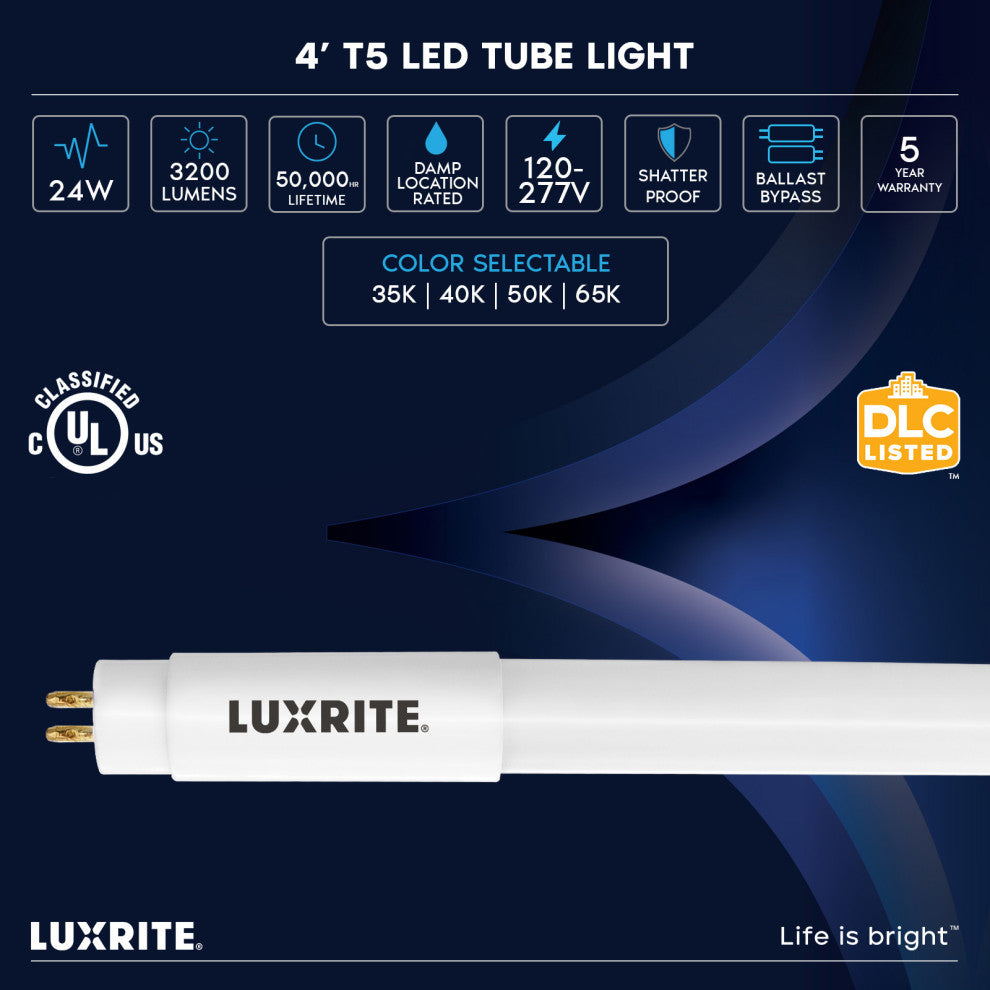 Luxrite 12-Pack 4FT T5 LED Tube Light 24W 4CCT Ballast Bypass 3200LM