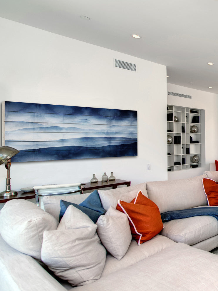 "Blue Mountains" Print on White Wood, 60"x20"