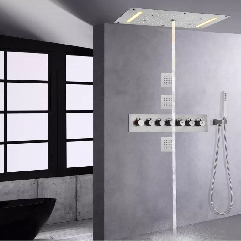 Led Mist Rainfall Shower System, Hand Shower and Jetted Body Sprays, Brushed Nic