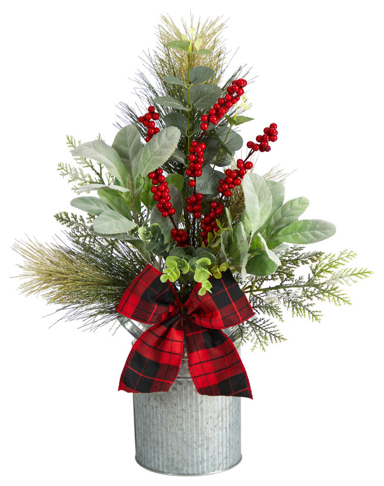 20" Holiday Winter Greenery, Pinecone & Berry W/ Bow Faux Xmas Table Arrangement