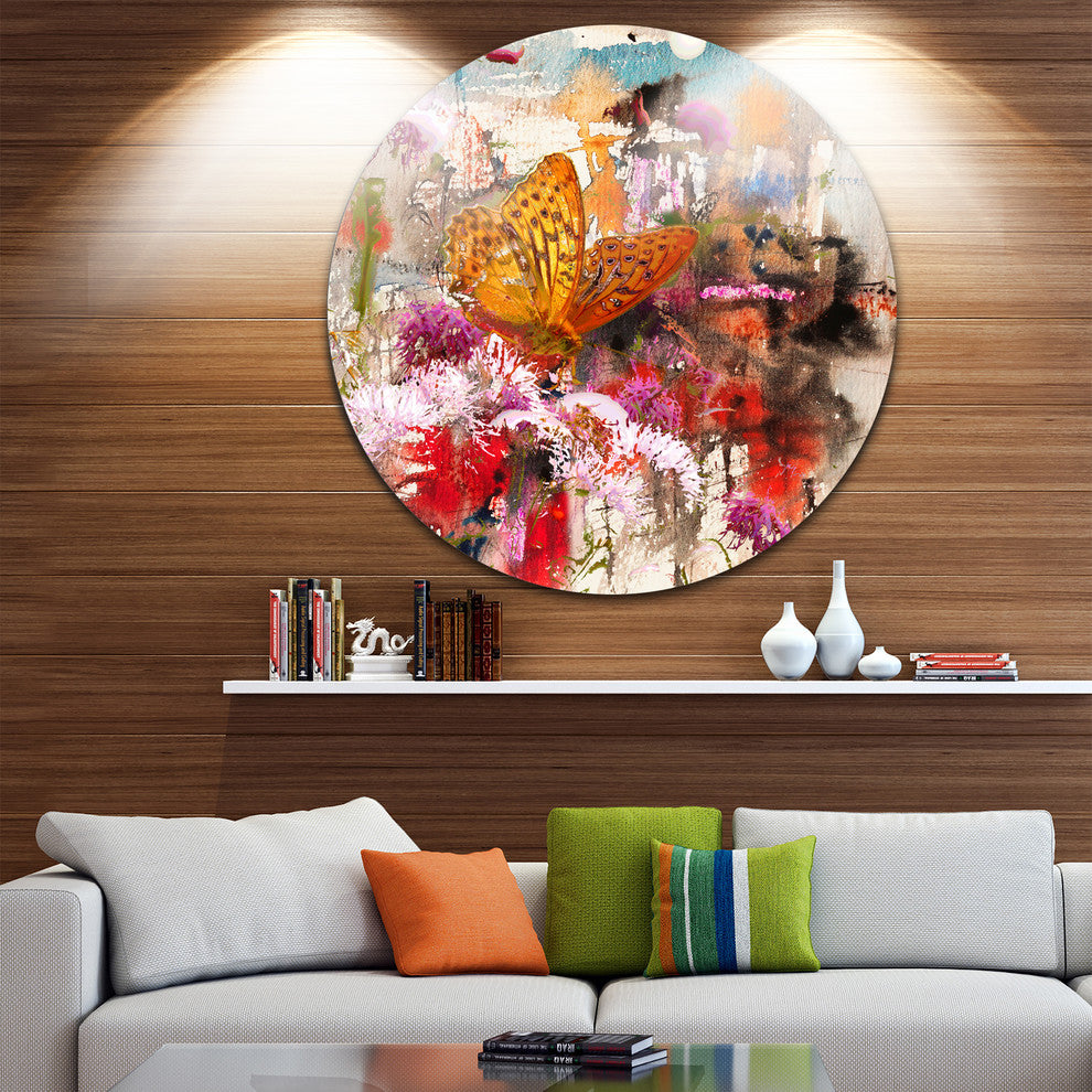 Butterfly Drinking Honey, Floral Round Metal Wall Art, 11"