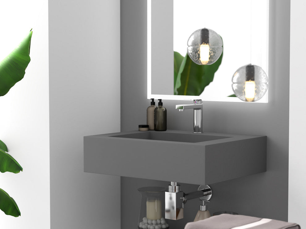 CastelloUSA Pyramid Solid Surface Wall Mounted Ramp Basin Sink, Gray, 24", Standard