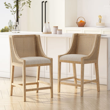 Deville Fabric Upholstered Wood and Cane 25.5 inch Counter Stools, Set of 2, Beige