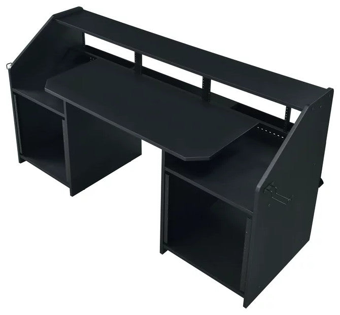 Modern Desk, Rectangular Top With Open Shelves & Metal Accents, Black