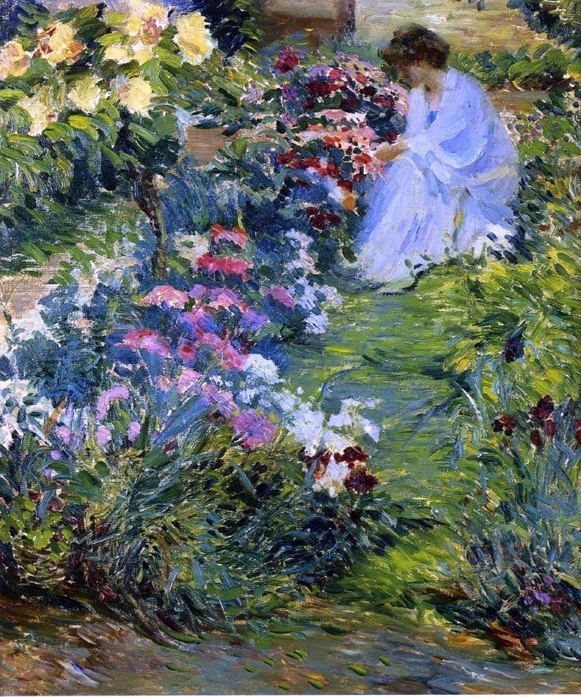 John Leslie Breck Woman in a Garden Premium Canvas Print