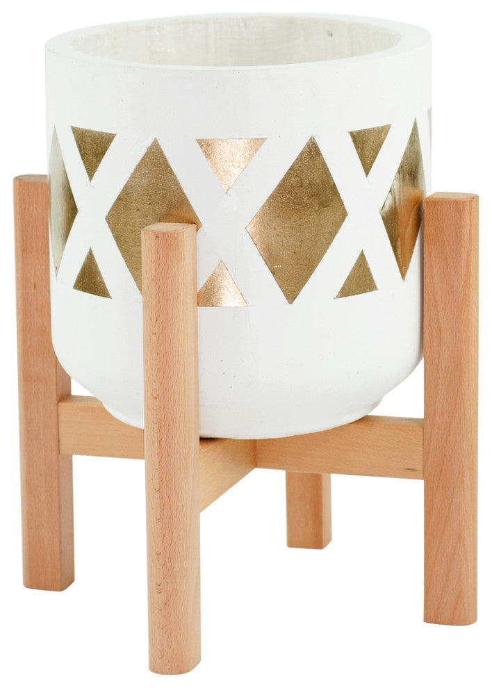 Large Hand Painted Fiber Clay Pot 10'' With Wood Plant Stand Set Natural Color