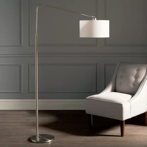 64" Medium Arch Brushed Steel Telescope Reach Floor Lamp, White Shade