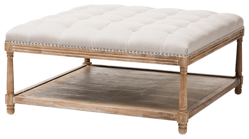 Carlotta French Country Weathered Oak Beige Linen Square Coffee Table Ottoman