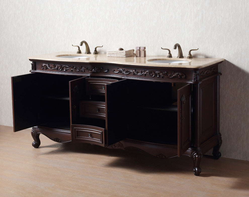 Cassandra 72" Dark Cherry Double Sink Bathroom Vanity, Travertine Marble Top