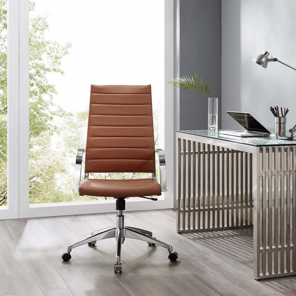 Computer Work Desk High Back Chair, Faux Leather, Red Brown, Modern, Home Office