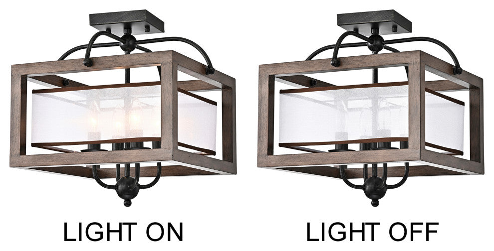 Nora Wood and Fabric Shade Cage Flush Mount Antique Black 4-light