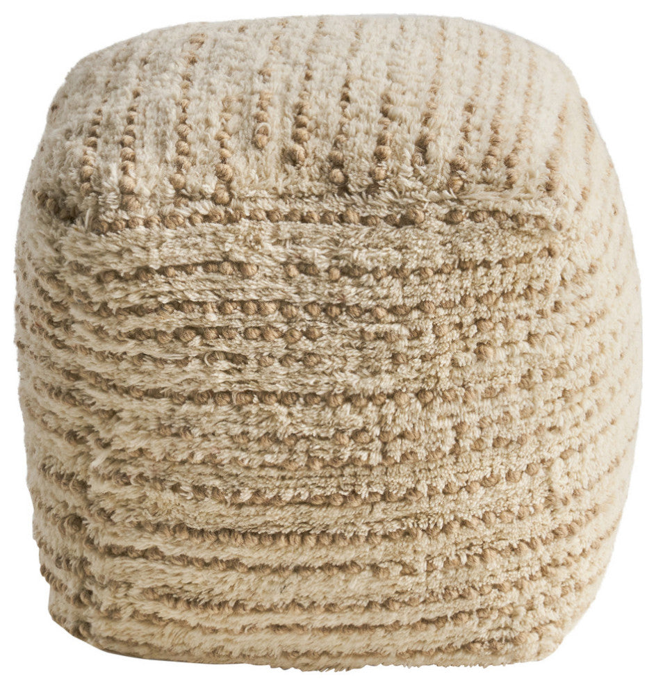 Leila Boho Wool and Cotton Ottoman Pouf, Ivory, Beige