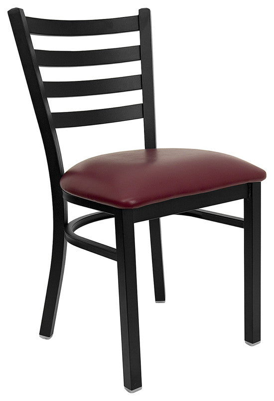 Black Ladder Back Metal Restaurant Chair, Burgundy Vinyl Seat