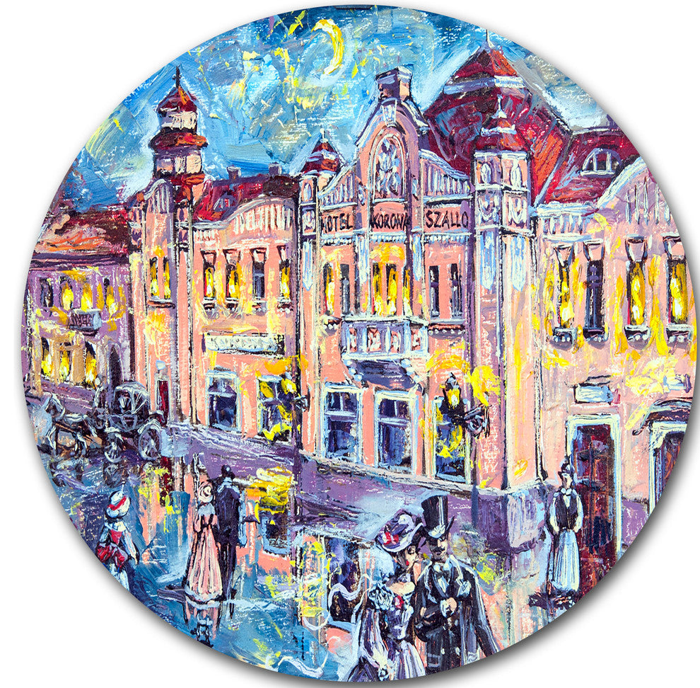 City At Night With People, Cityscape Round Metal Wall Art, 23"