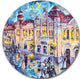 City At Night With People, Cityscape Round Metal Wall Art, 23"