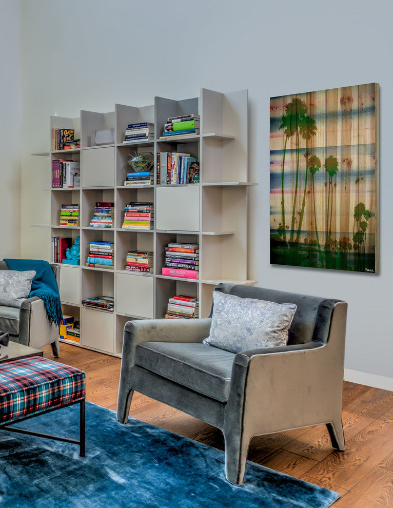 "Palm Rainbows" Print on Natural Pine Wood, 40"x60"