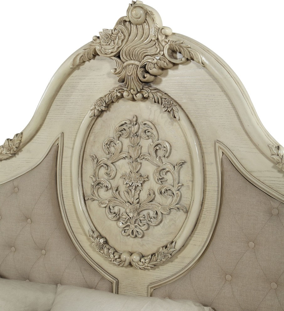 ACME Ragenardus Bed, Beige Linen and Antique White, Eastern King