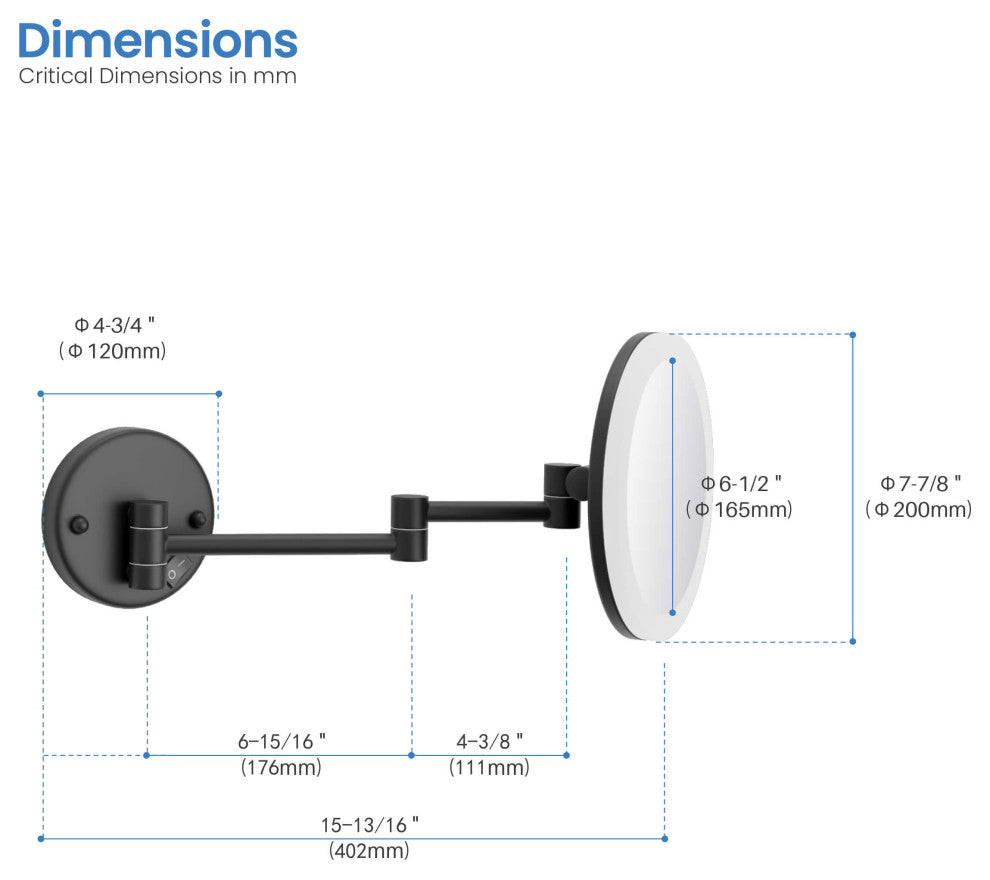 Circular LED Wall Mount One Side 5x Magnifying Make Up Mirror, Matte Black