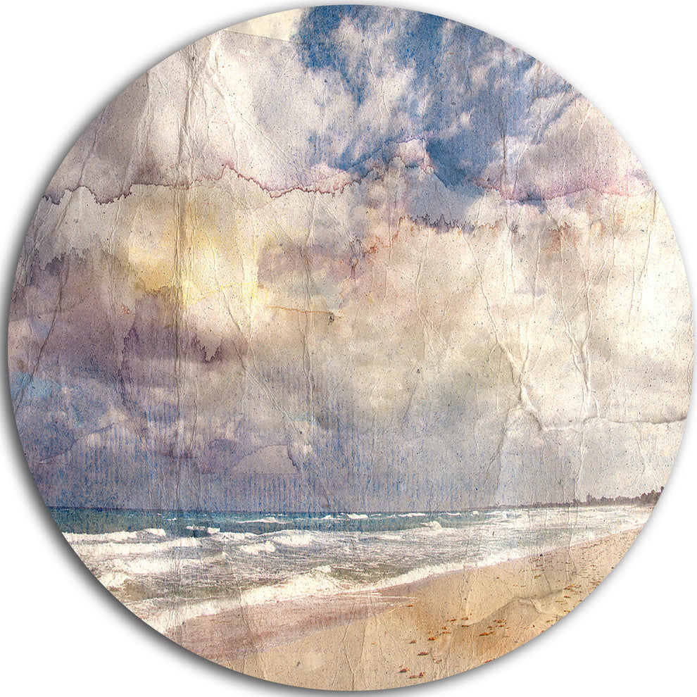 Retro Ocean Watercolor, Seascape Painting Round Metal Wall Art, 11"