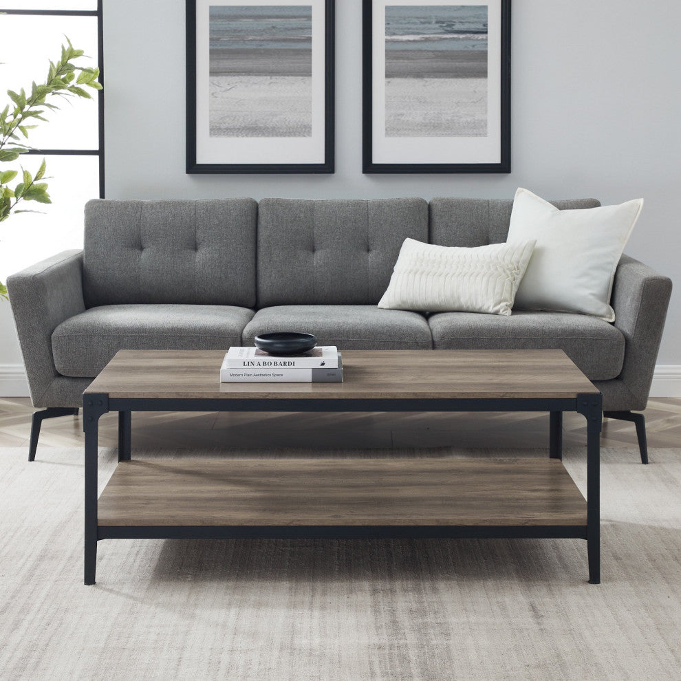 Rustic Coffee Table, Metal Frame With Large Top & Open Shelf, Reclaimed Barnwood